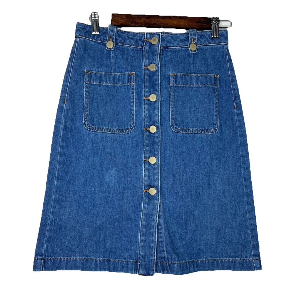Ann Taylor LOFT Denim Skirt Women 0 Blue 100% Preppy Back Pockets Casual Western
